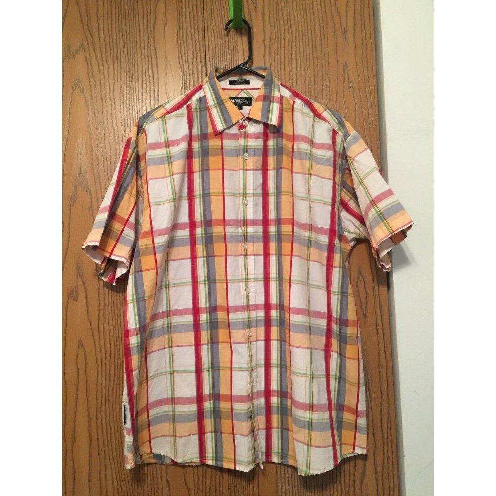 Man Alive Shirt Mens Size L Short Sleeve Button Down Plaid Orange White Red